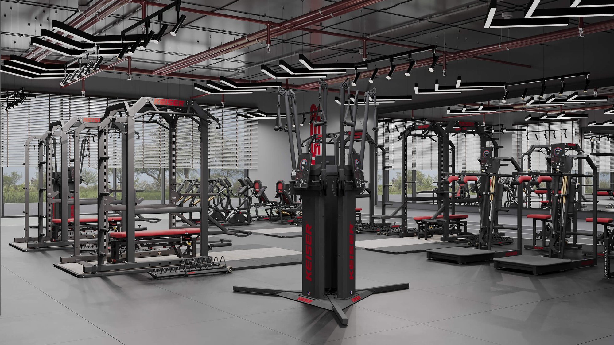 Render of a performance training facility loaded with Keiser resistance training fitness equipment