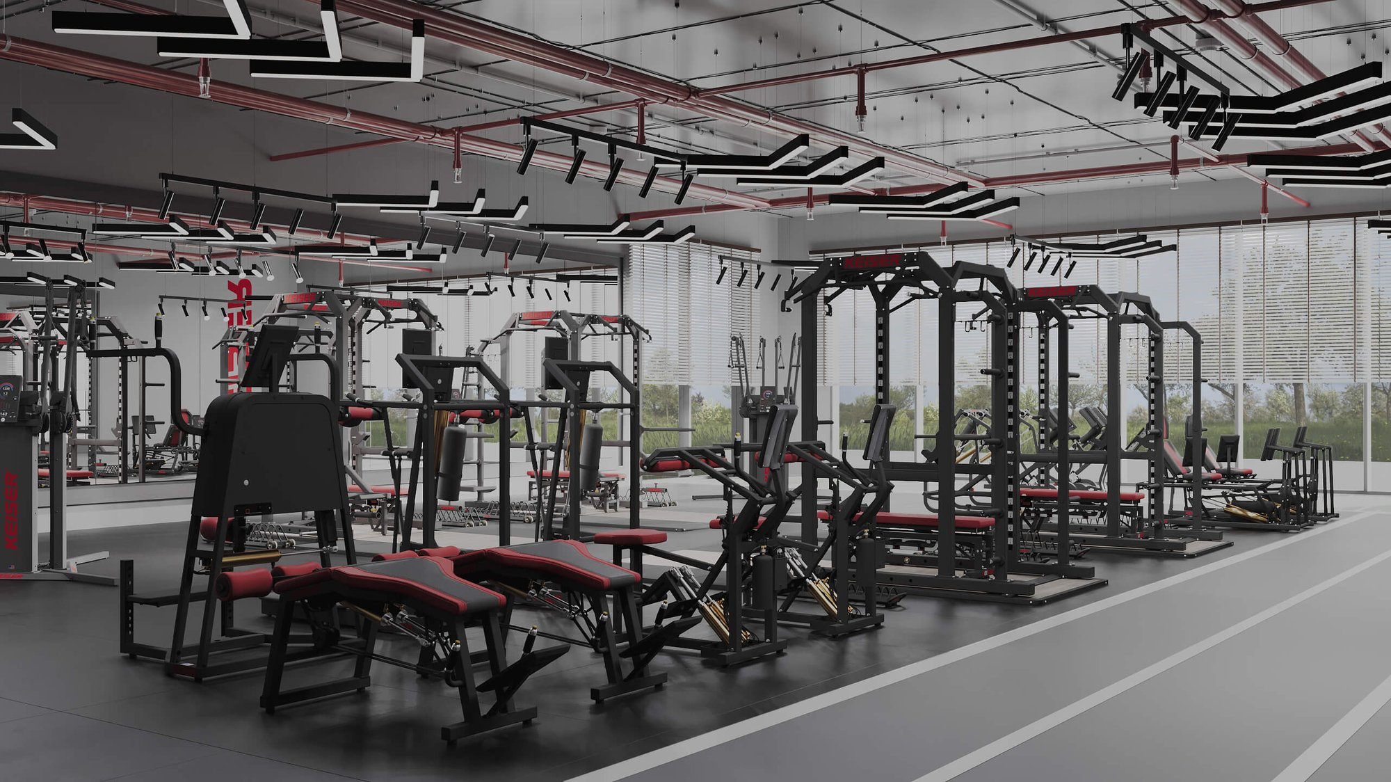 Render of a performance training facility loaded with Keiser resistance training fitness equipment