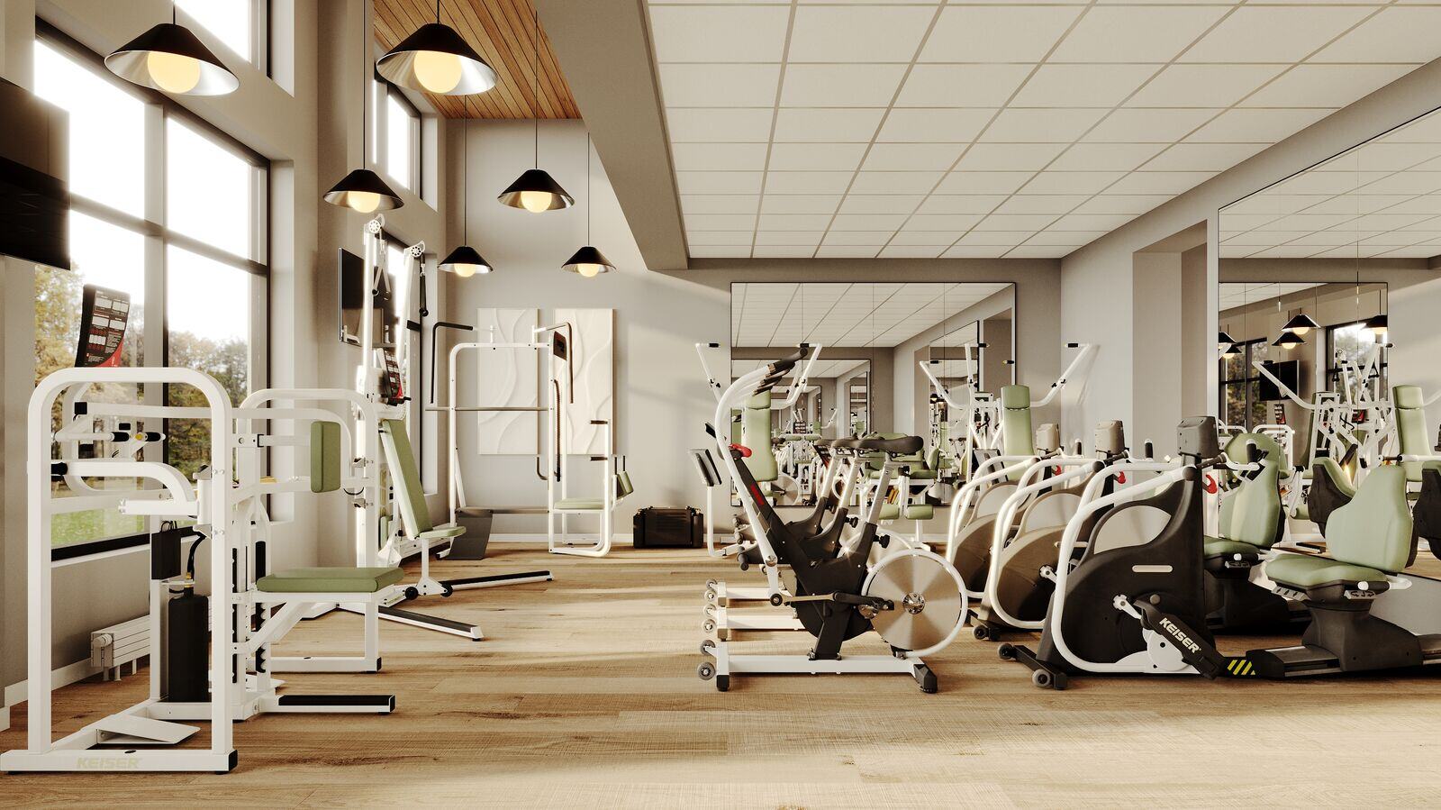 Medium-sized facility space with various Keiser A300 machines in custom colors